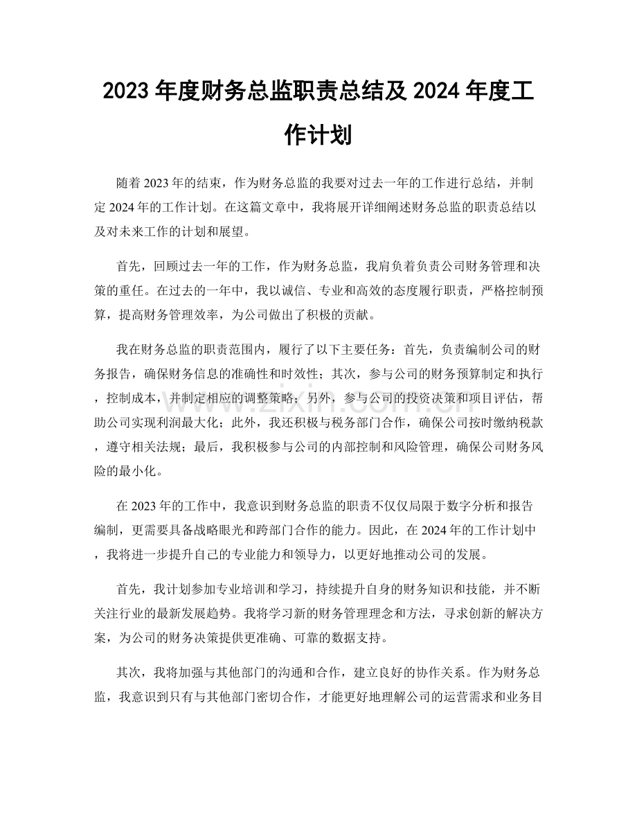 2023年度财务总监职责总结及2024年度工作计划.docx_第1页