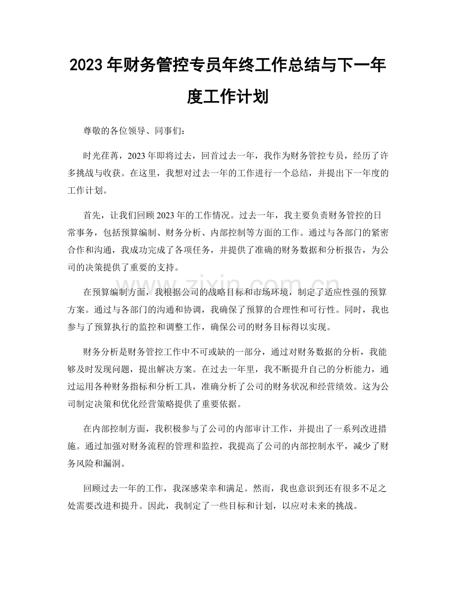 2023年财务管控专员年终工作总结与下一年度工作计划.docx_第1页