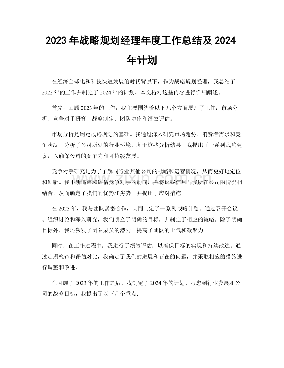 2023年战略规划经理年度工作总结及2024年计划.docx_第1页