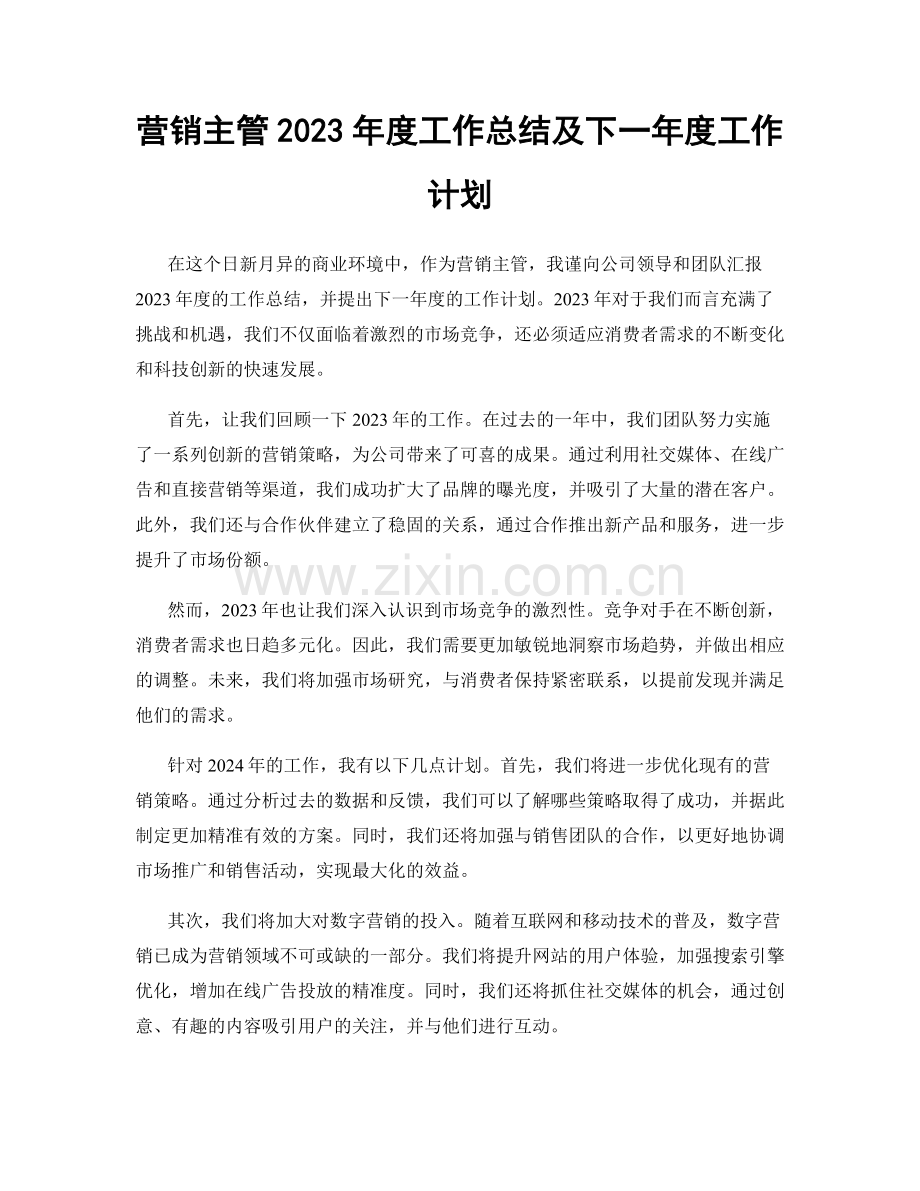 营销主管2023年度工作总结及下一年度工作计划.docx_第1页