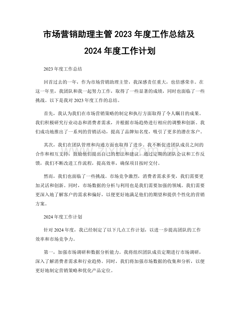 市场营销助理主管2023年度工作总结及2024年度工作计划.docx_第1页