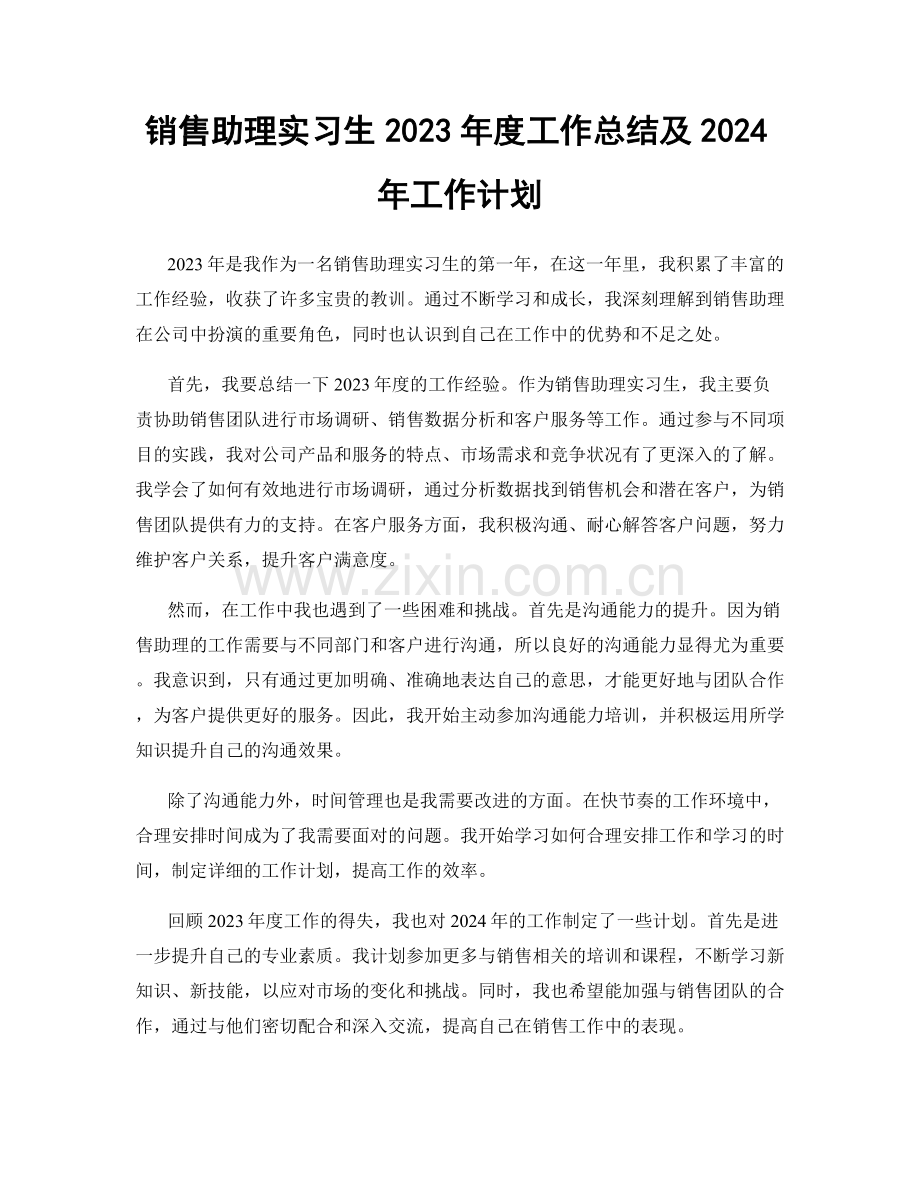 销售助理实习生2023年度工作总结及2024年工作计划.docx_第1页