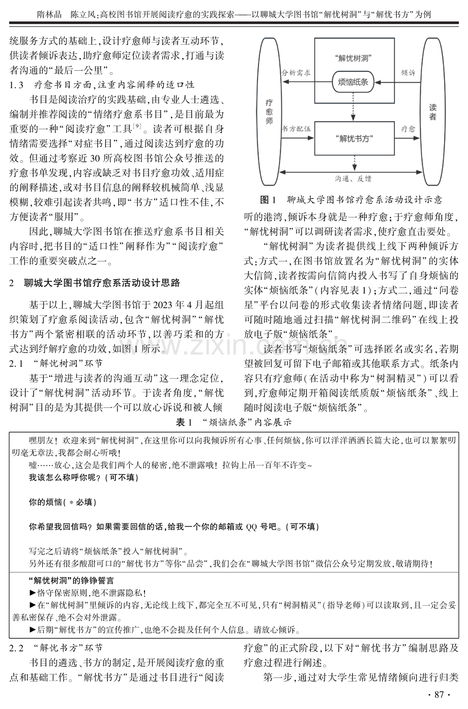 高校图书馆开展阅读疗愈的实践探索——以聊城大学图书馆“解忧树洞”与“解忧书方”为例.pdf_第2页