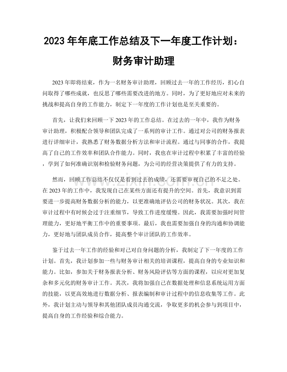 2023年年底工作总结及下一年度工作计划：财务审计助理.docx_第1页