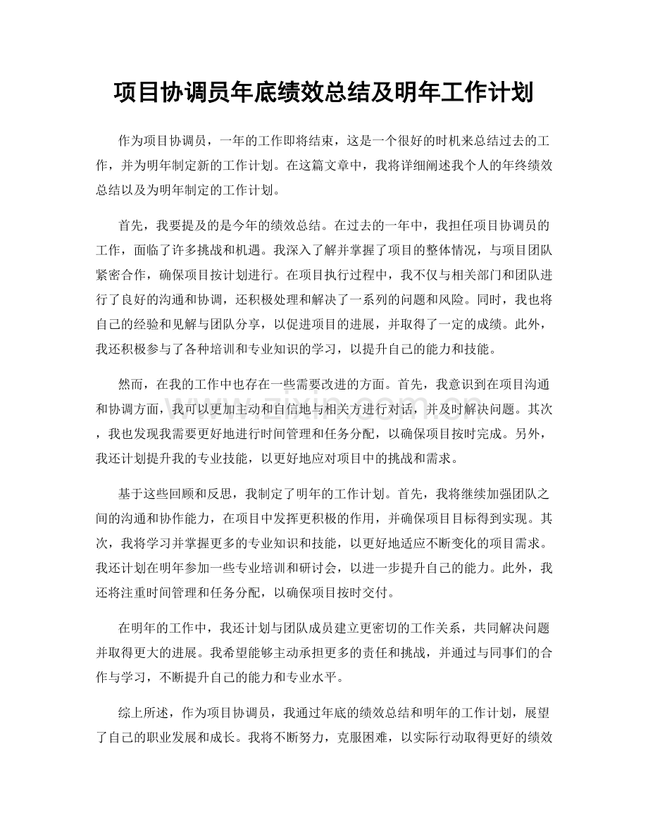 项目协调员年底绩效总结及明年工作计划.docx_第1页