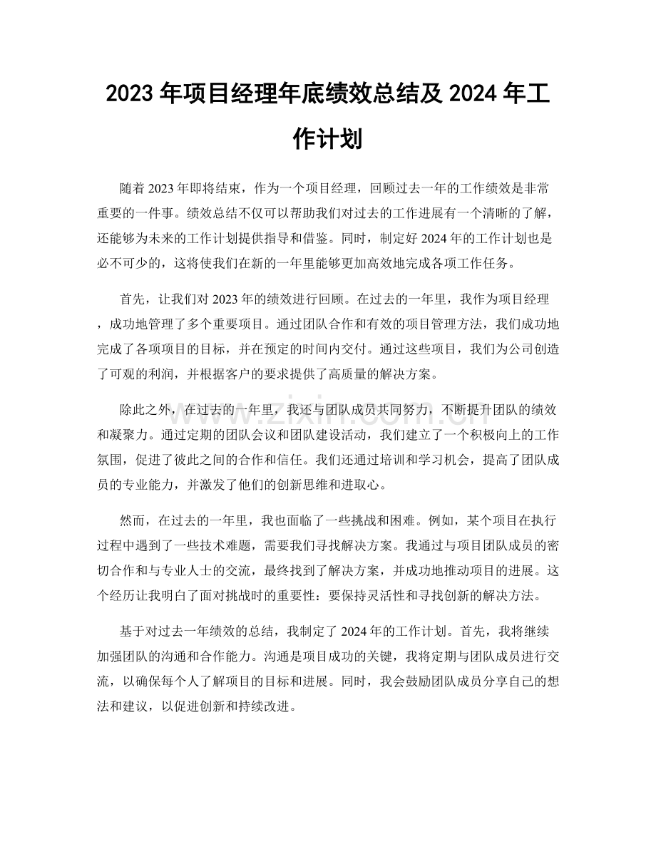 2023年项目经理年底绩效总结及2024年工作计划.docx_第1页