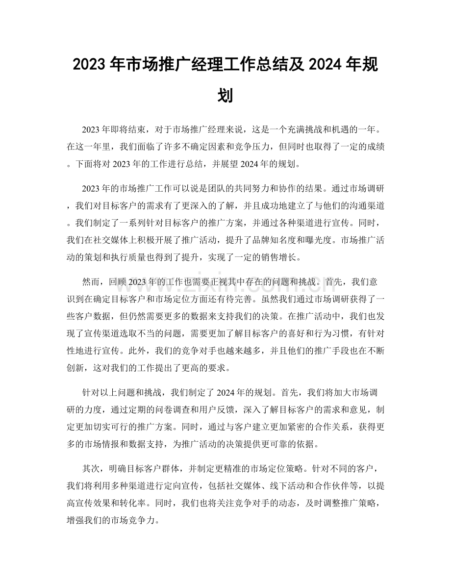 2023年市场推广经理工作总结及2024年规划.docx_第1页