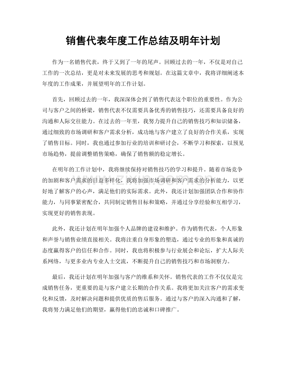 销售代表年度工作总结及明年计划.docx_第1页