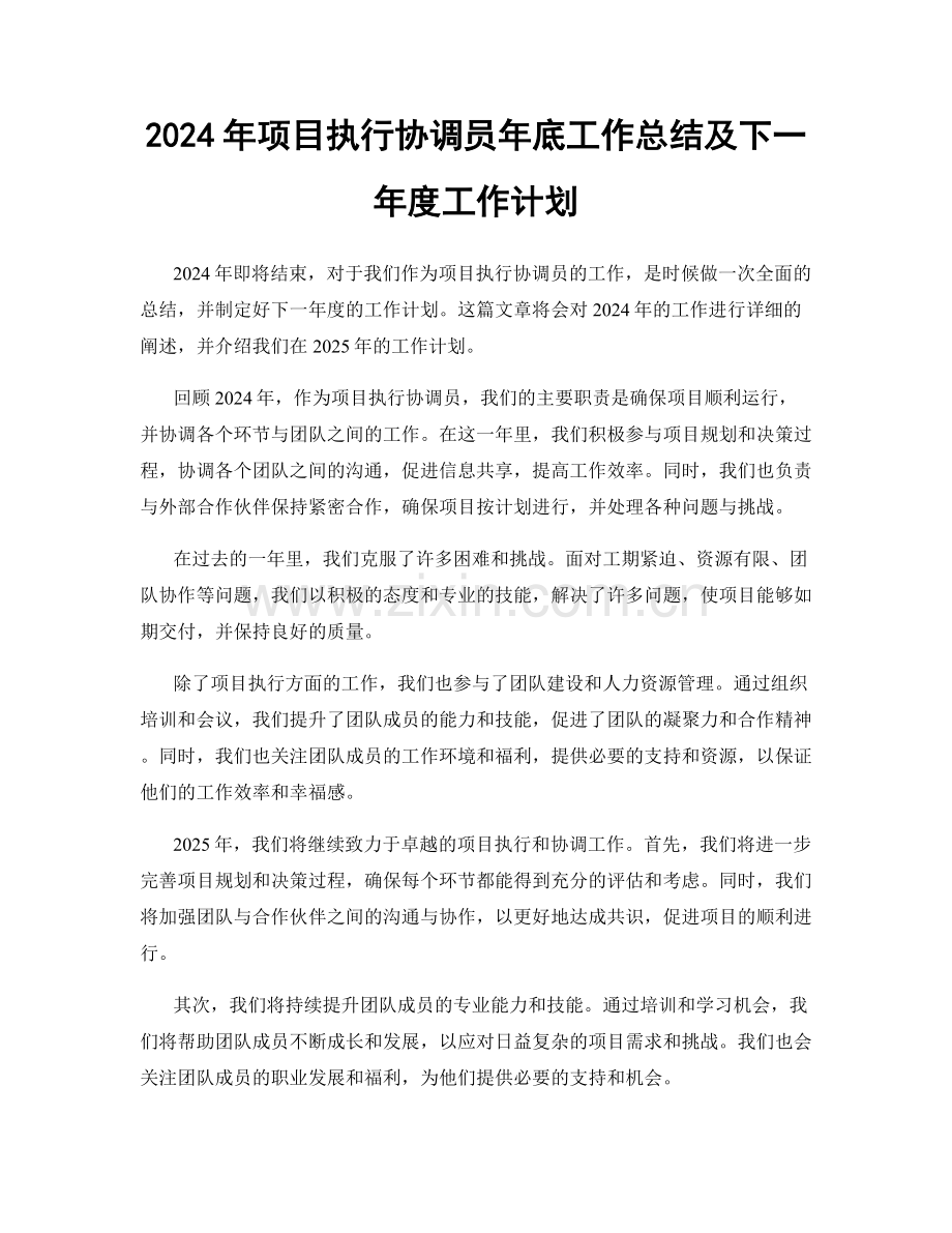 2024年项目执行协调员年底工作总结及下一年度工作计划.docx_第1页