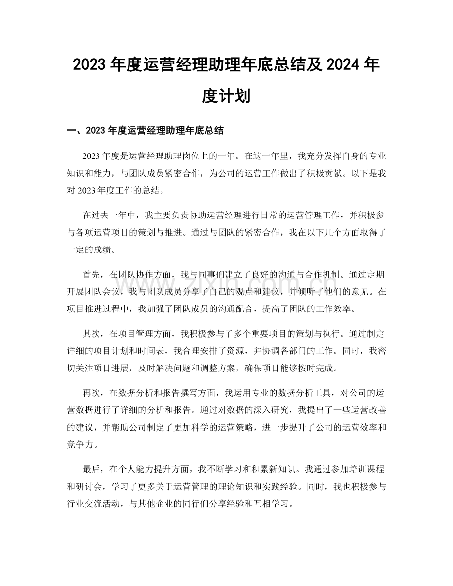 2023年度运营经理助理年底总结及2024年度计划.docx_第1页