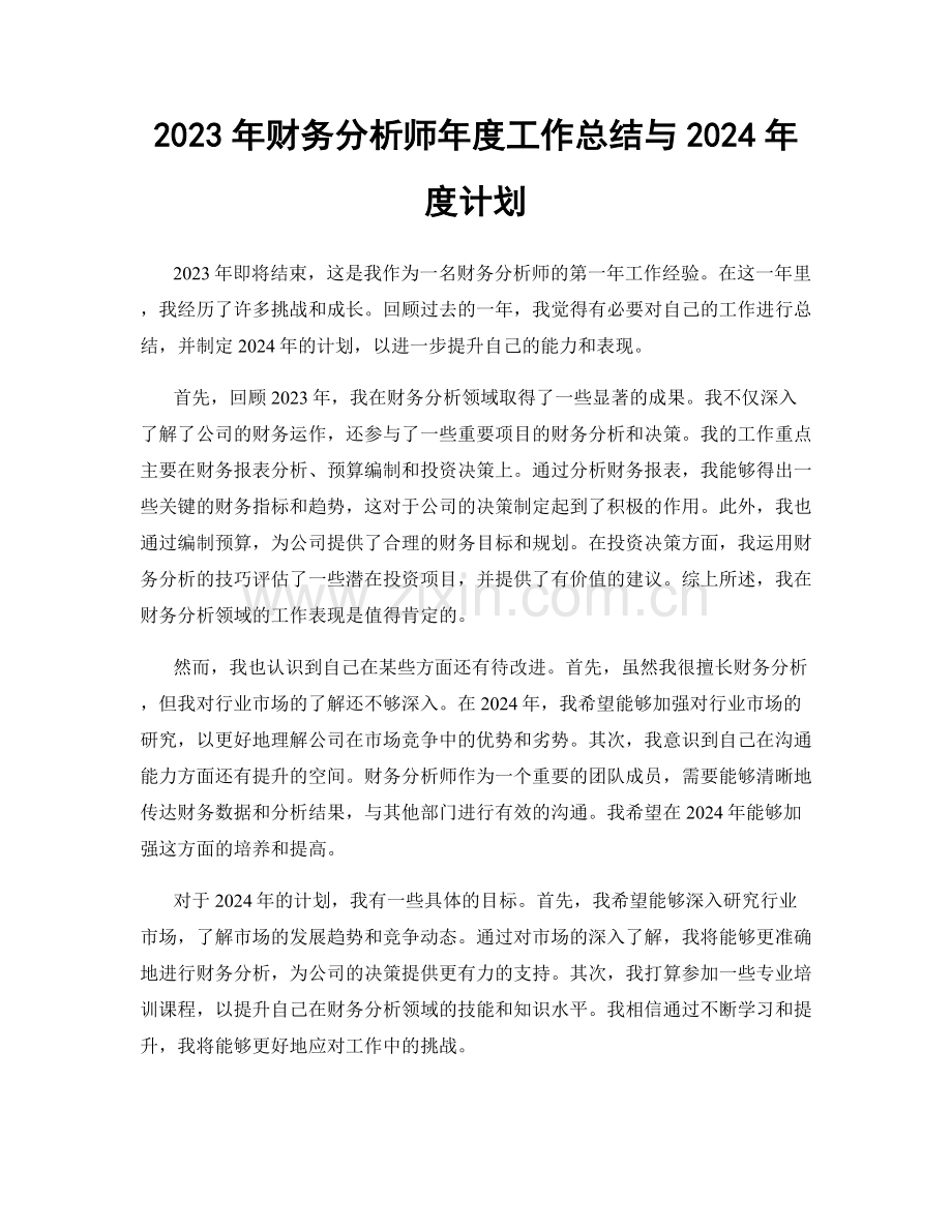 2023年财务分析师年度工作总结与2024年度计划.docx_第1页