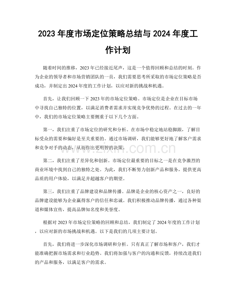 2023年度市场定位策略总结与2024年度工作计划.docx_第1页