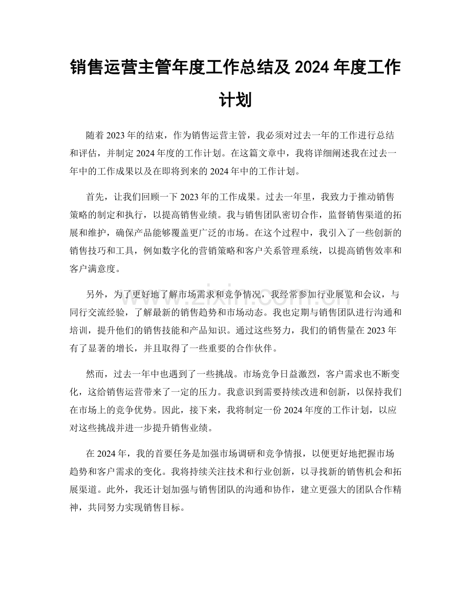 销售运营主管年度工作总结及2024年度工作计划.docx_第1页