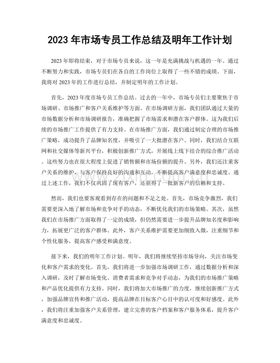 2023年市场专员工作总结及明年工作计划.docx_第1页