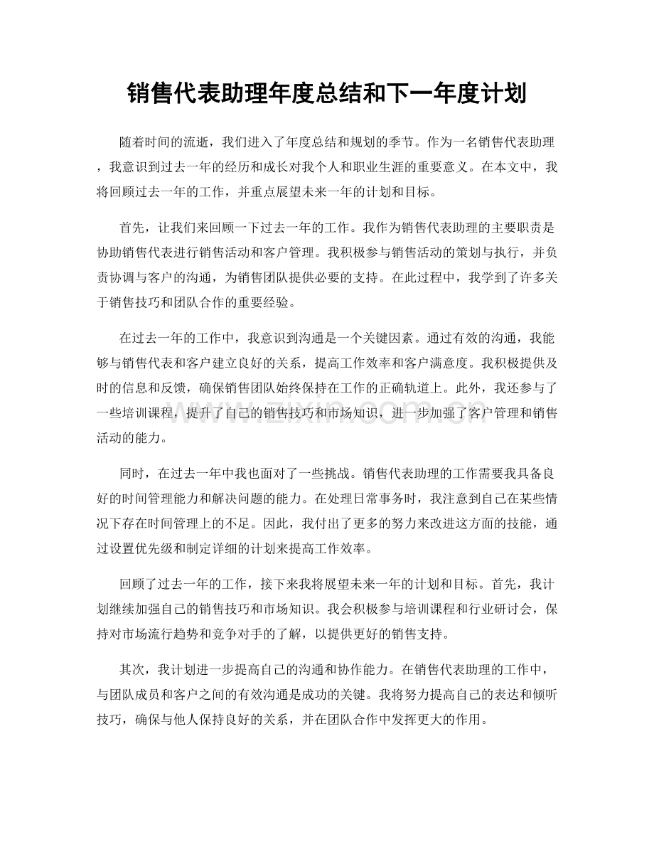 销售代表助理年度总结和下一年度计划.docx_第1页