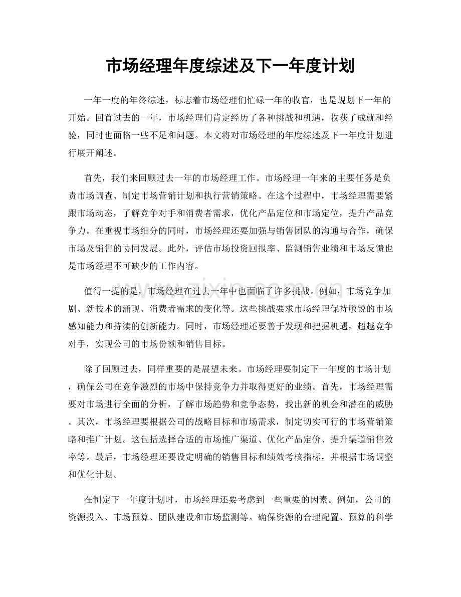 市场经理年度综述及下一年度计划.docx_第1页