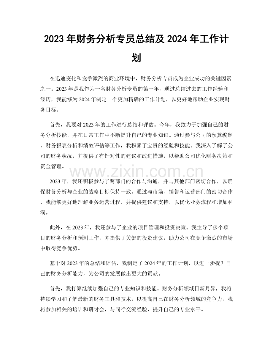 2023年财务分析专员总结及2024年工作计划.docx_第1页