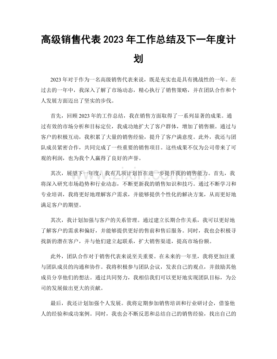 高级销售代表2023年工作总结及下一年度计划.docx_第1页