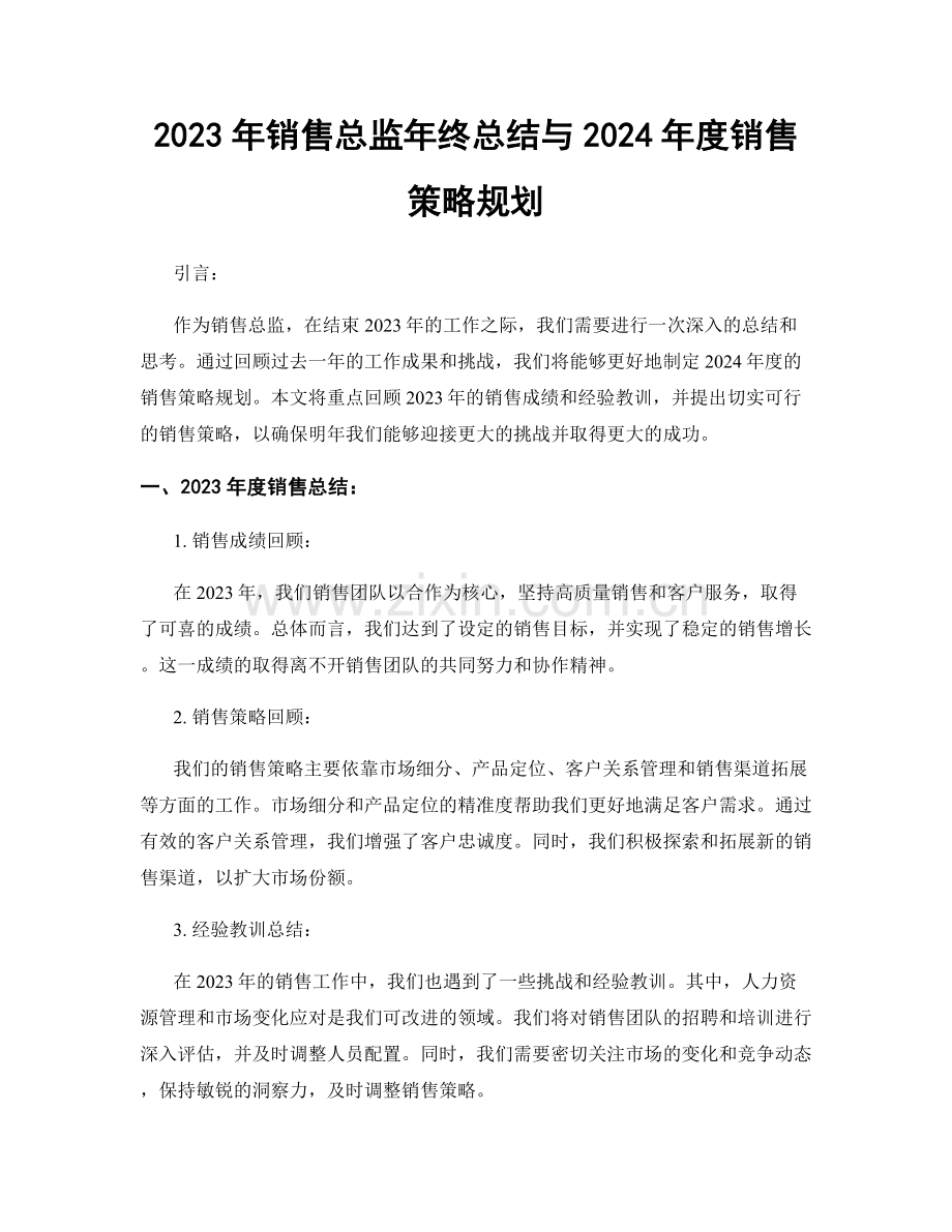 2023年销售总监年终总结与2024年度销售策略规划.docx_第1页