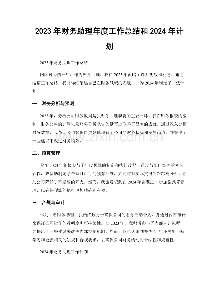 2023年财务助理年度工作总结和2024年计划.docx_第1页