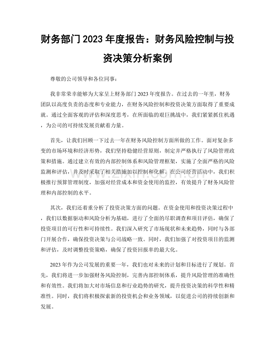 财务部门2023年度报告：财务风险控制与投资决策分析案例.docx_第1页