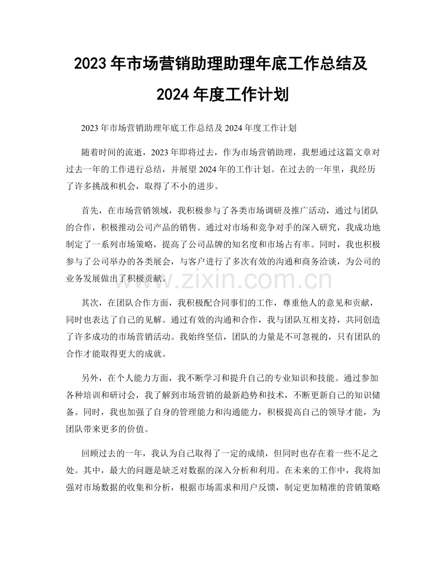 2023年市场营销助理助理年底工作总结及2024年度工作计划.docx_第1页