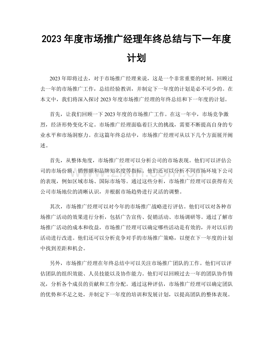 2023年度市场推广经理年终总结与下一年度计划.docx_第1页