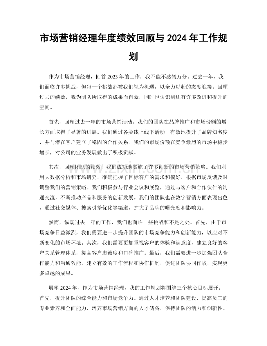 市场营销经理年度绩效回顾与2024年工作规划.docx_第1页