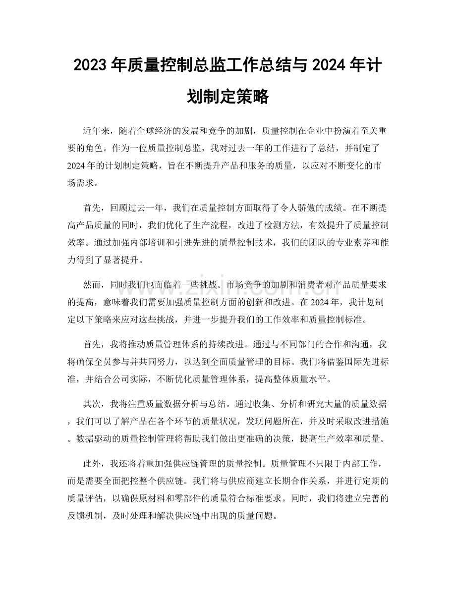 2023年质量控制总监工作总结与2024年计划制定策略.docx_第1页