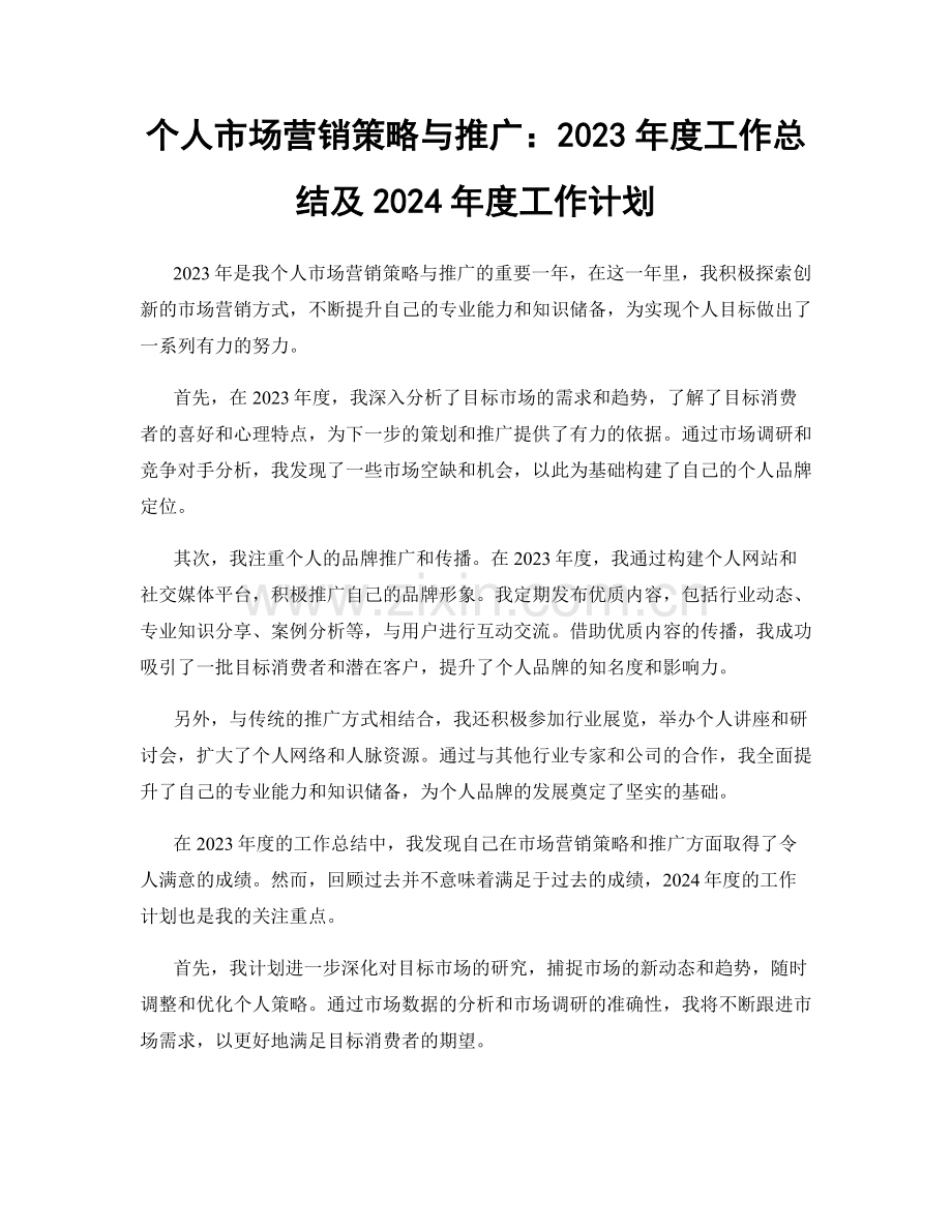 个人市场营销策略与推广：2023年度工作总结及2024年度工作计划.docx_第1页