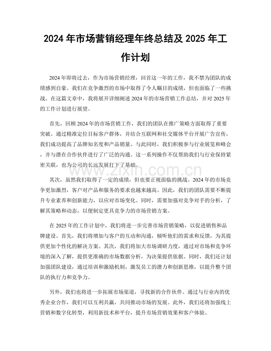 2024年市场营销经理年终总结及2025年工作计划.docx_第1页