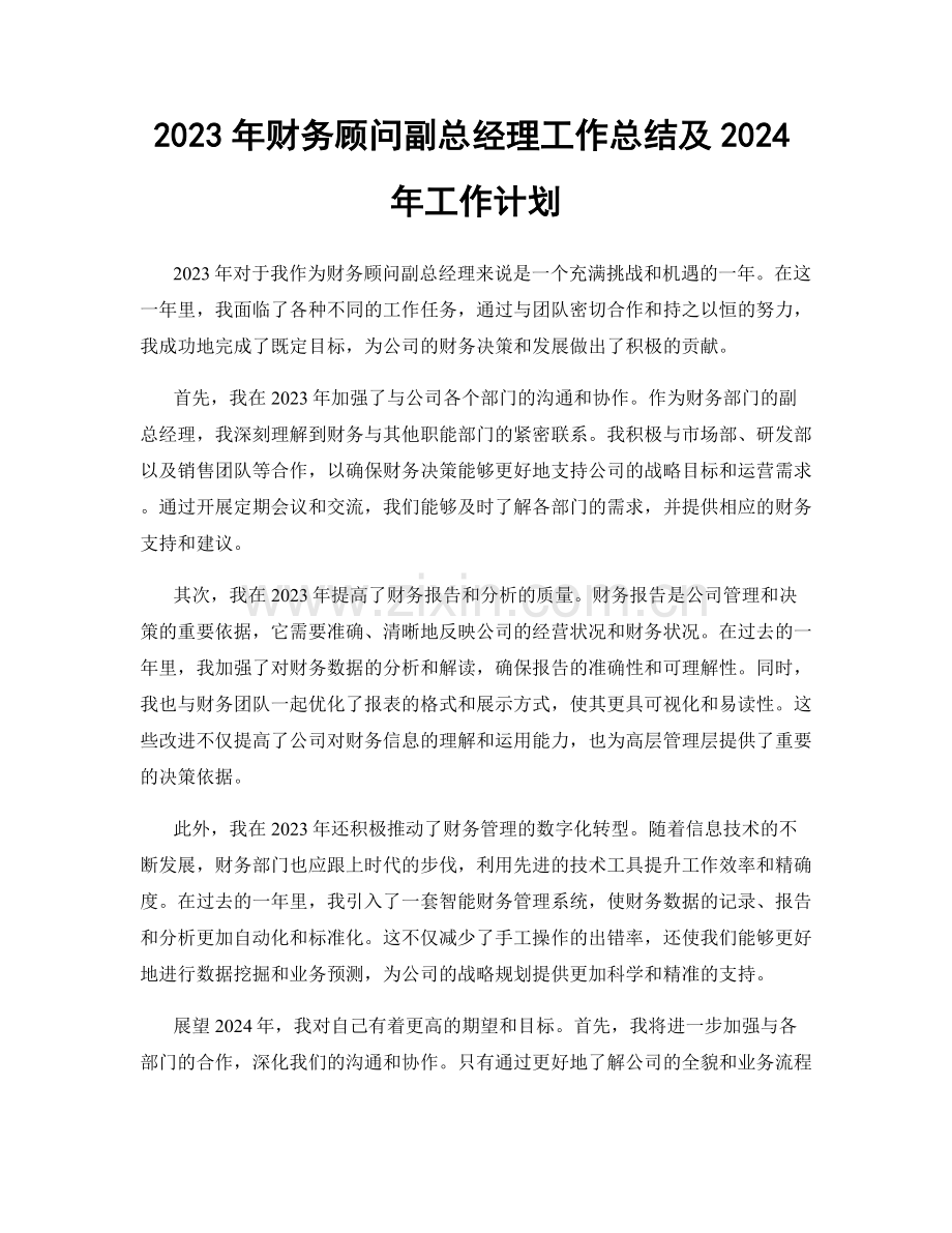 2023年财务顾问副总经理工作总结及2024年工作计划.docx_第1页