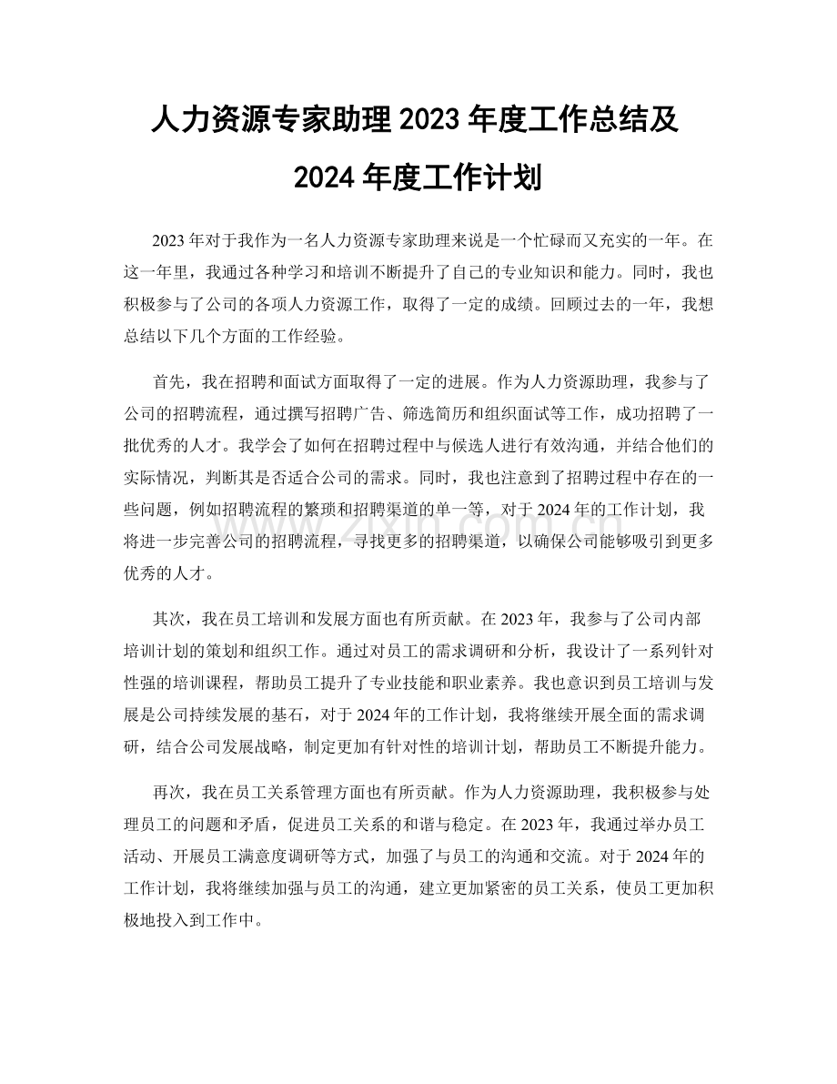 人力资源专家助理2023年度工作总结及2024年度工作计划.docx_第1页