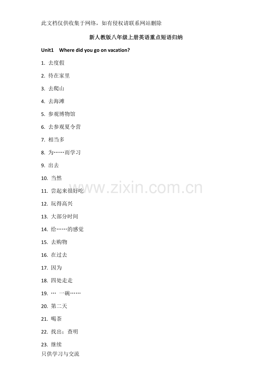 新人教版八年级上册英语重点短语归纳(默写版)讲课讲稿.docx_第1页