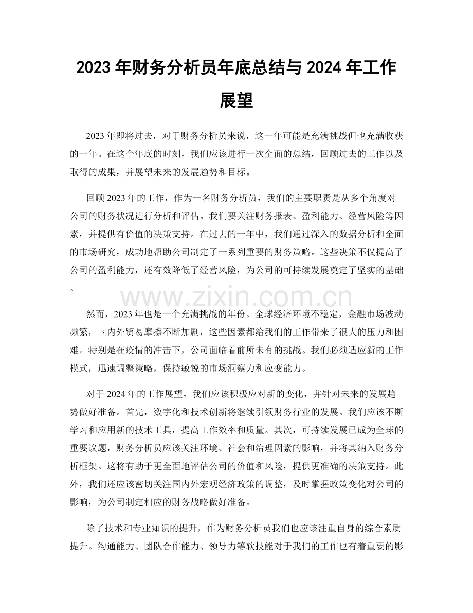 2023年财务分析员年底总结与2024年工作展望.docx_第1页