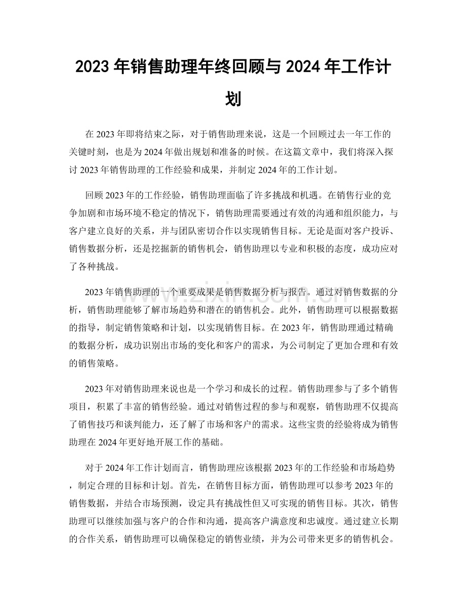 2023年销售助理年终回顾与2024年工作计划.docx_第1页