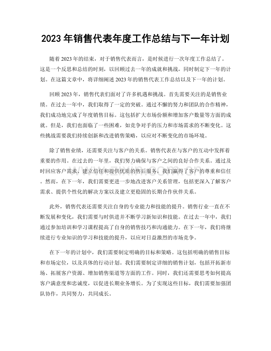 2023年销售代表年度工作总结与下一年计划.docx_第1页