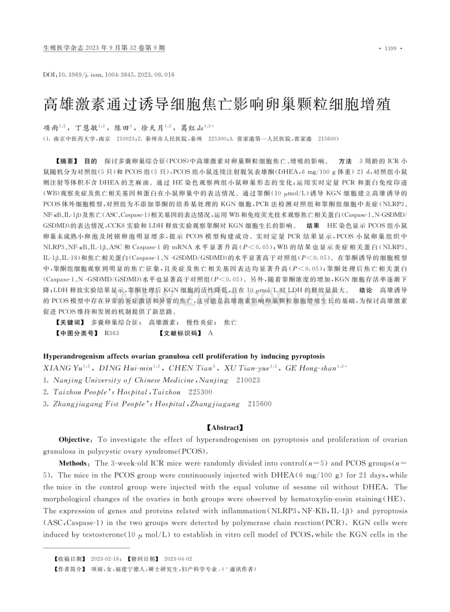 高雄激素通过诱导细胞焦亡影响卵巢颗粒细胞增殖.pdf_第1页