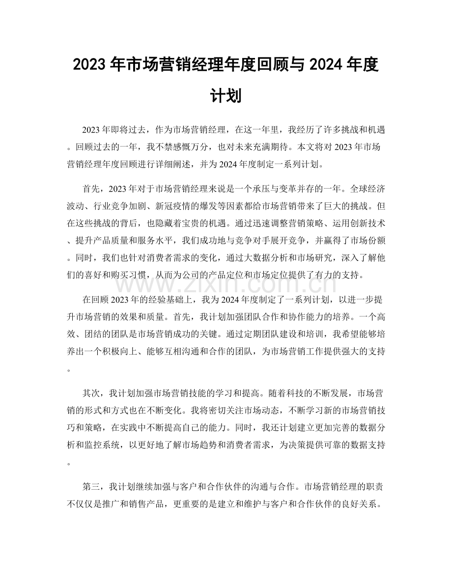 2023年市场营销经理年度回顾与2024年度计划.docx_第1页