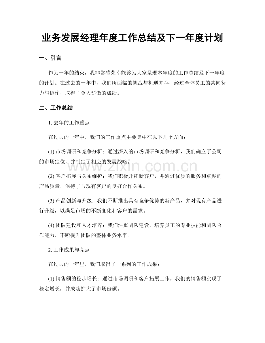 业务发展经理年度工作总结及下一年度计划.docx_第1页