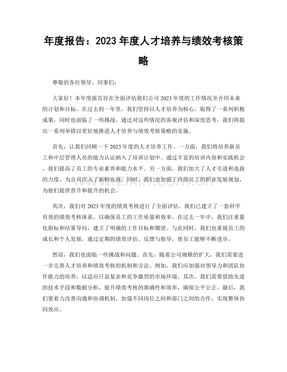 年度报告：2023年度人才培养与绩效考核策略.docx_第1页