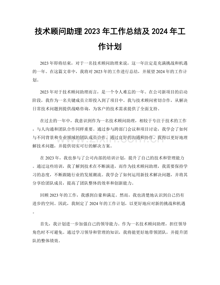 技术顾问助理2023年工作总结及2024年工作计划.docx_第1页