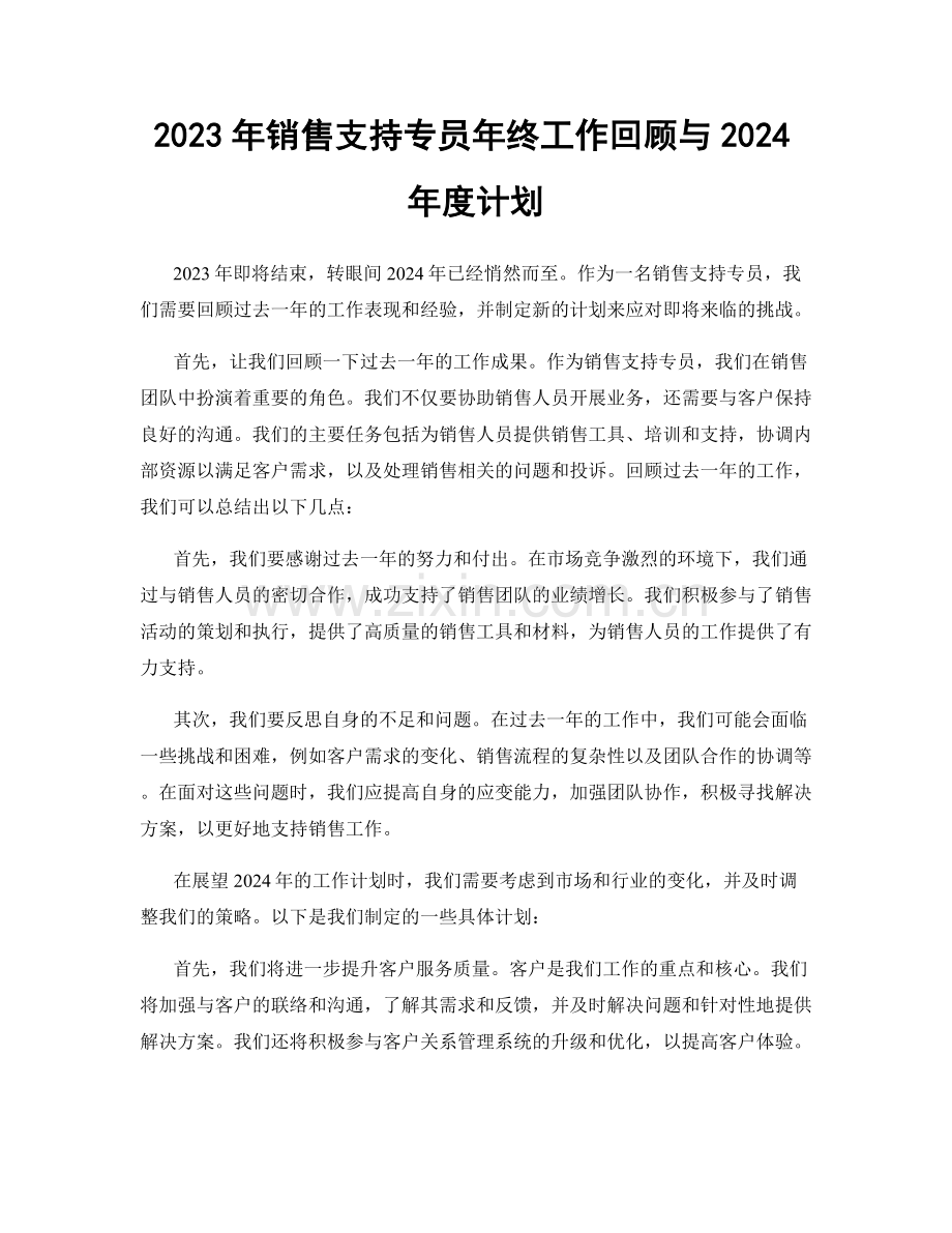 2023年销售支持专员年终工作回顾与2024年度计划.docx_第1页