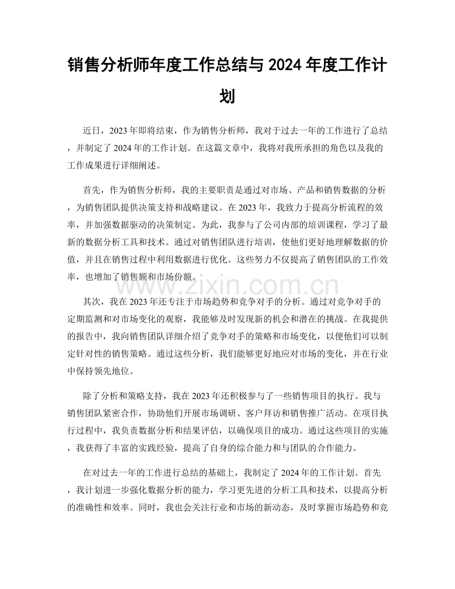 销售分析师年度工作总结与2024年度工作计划.docx_第1页