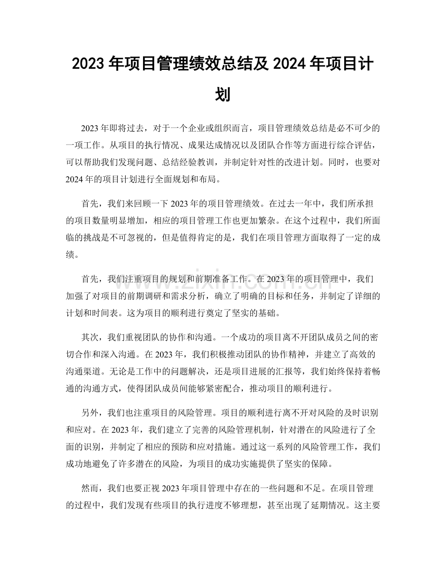 2023年项目管理绩效总结及2024年项目计划.docx_第1页