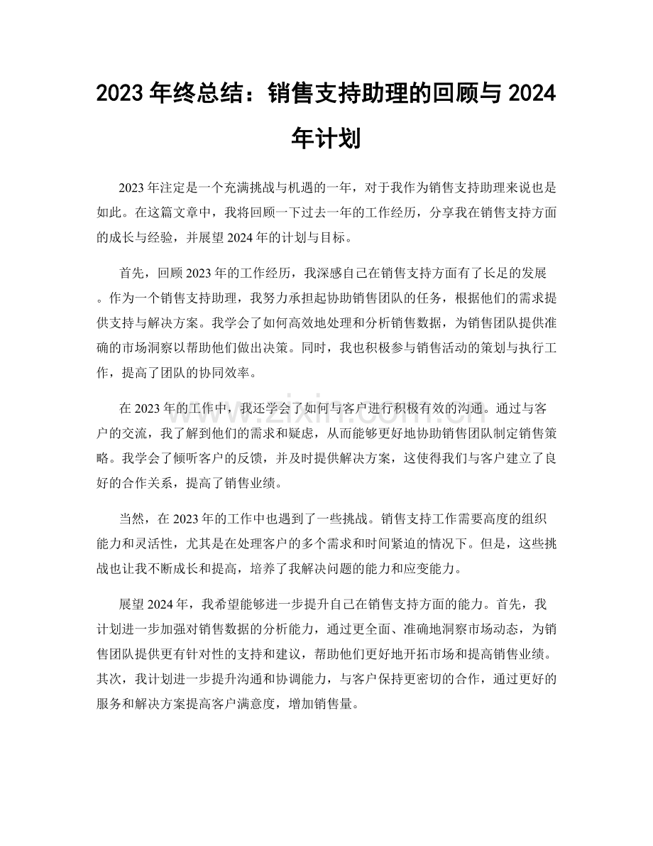 2023年终总结：销售支持助理的回顾与2024年计划.docx_第1页