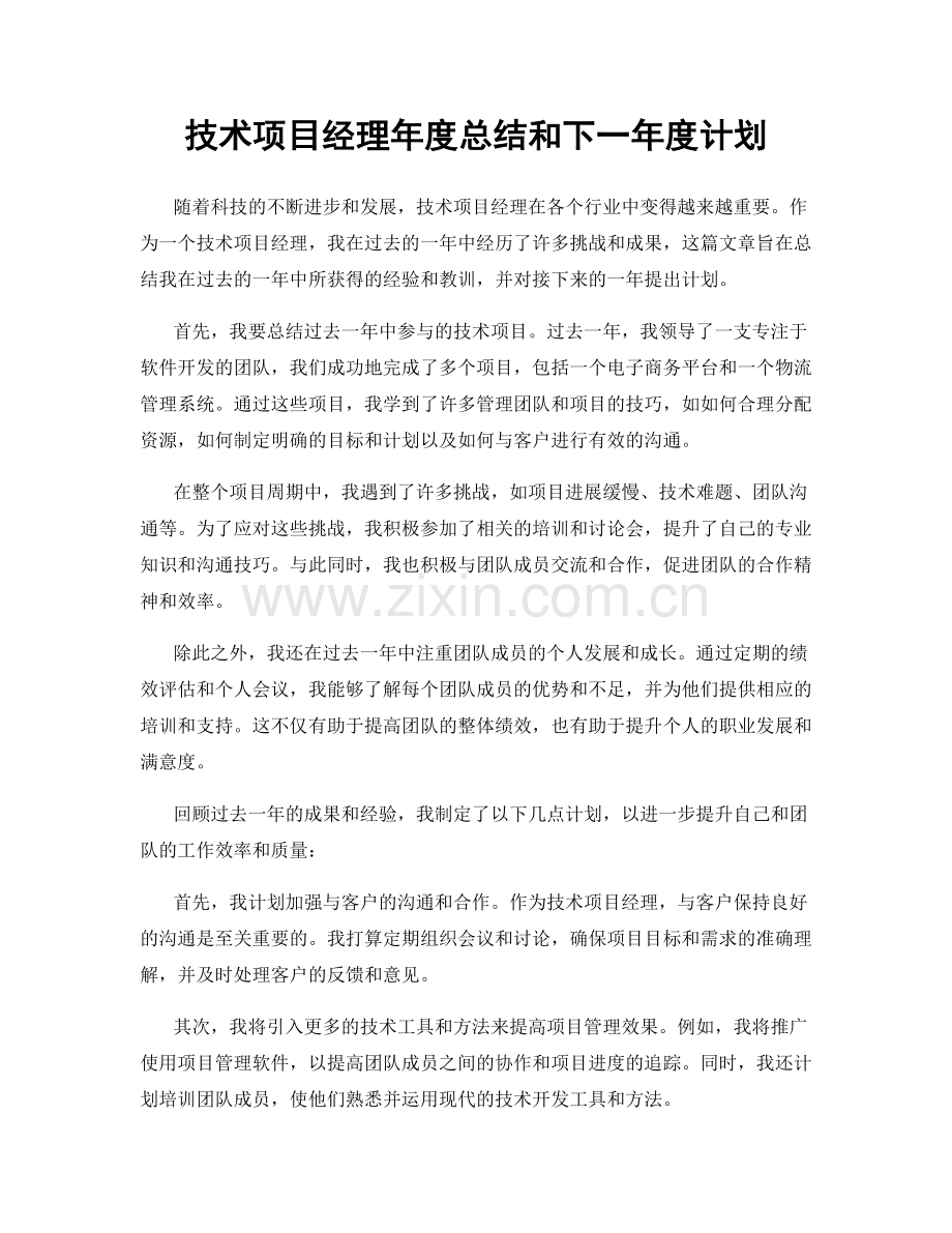 技术项目经理年度总结和下一年度计划.docx_第1页