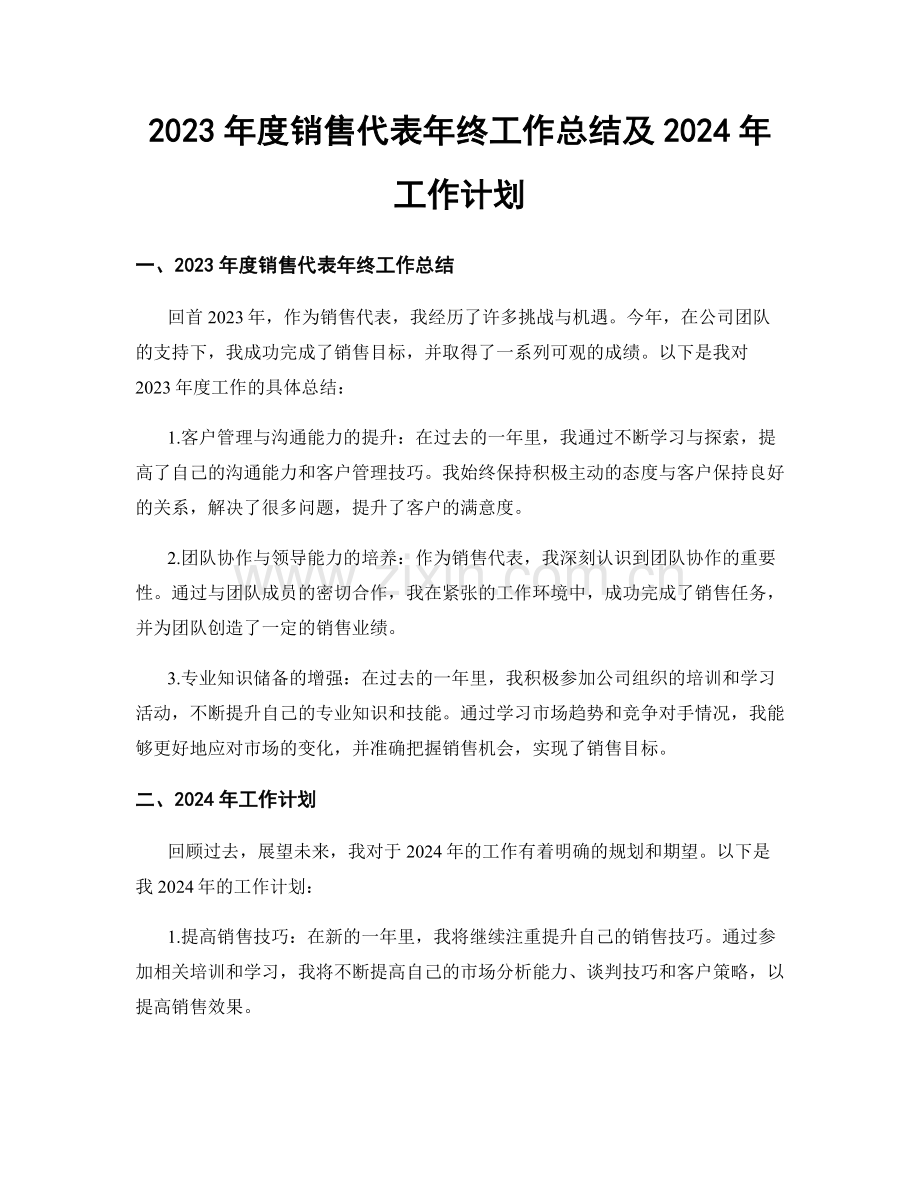 2023年度销售代表年终工作总结及2024年工作计划.docx_第1页