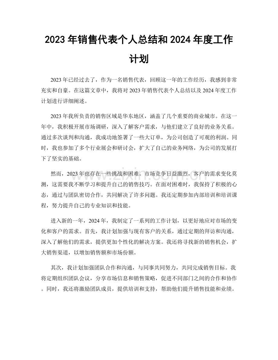 2023年销售代表个人总结和2024年度工作计划.docx_第1页