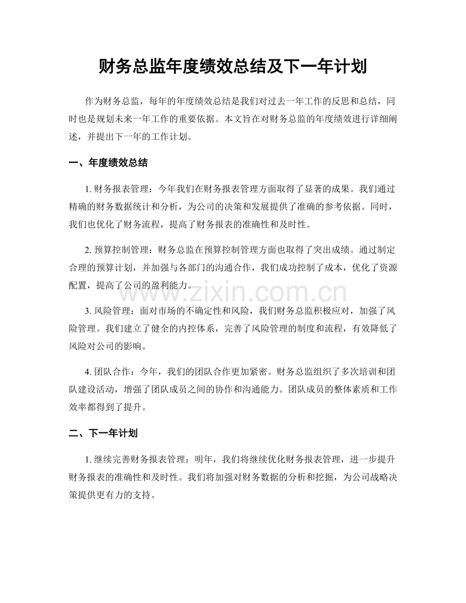 财务总监年度绩效总结及下一年计划.docx_第1页